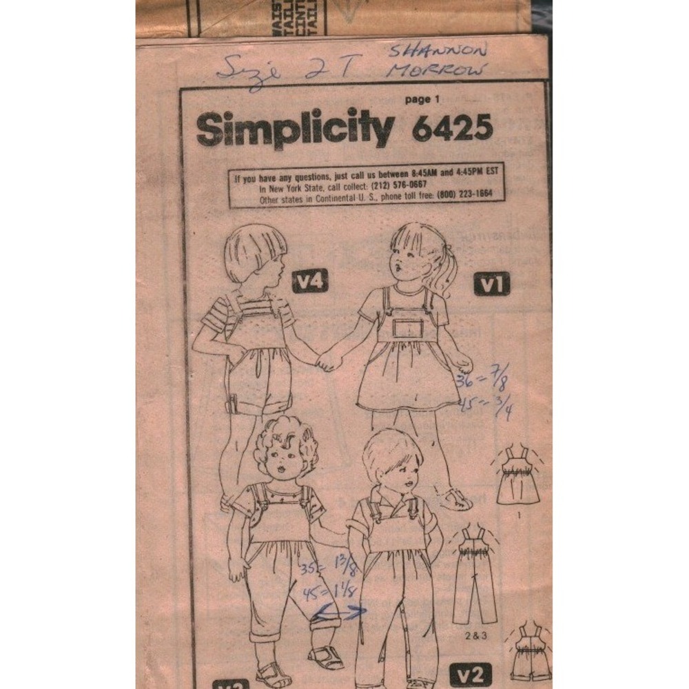 Simplicity 6425 Toddlers Overalls‎ Shortalls Jumper Dress Sewing Pattern Size 2T
